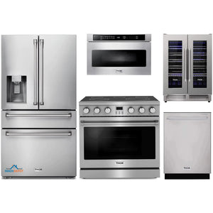 Thor Kitchen 5-Piece Appliance Package - 36-Inch Electric Range, Refrigerator with Water Dispenser, Dishwasher, Microwave, and Wine Cooler in Stainless Steel