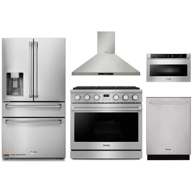 Thor Kitchen 5-Piece Appliance Package - 36-Inch Gas Range, Wall Mount Range Hood, Refrigerator with Water Dispenser, Dishwasher, and Microwave in Stainless Steel