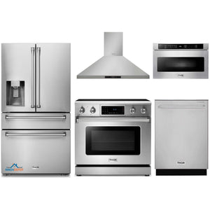 Thor Kitchen 5-Piece Appliance Package - 36-Inch Electric Range with Tilt Panel, Refrigerator with Water Dispenser, Wall Mount Hood, Dishwasher, & Microwave Drawer in Stainless Steel
