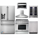 Thor Kitchen 6-Piece Pro Appliance Package - 36-Inch Gas Range, Refrigerator with Water Dispenser, Pro-Style Wall Mount Hood, Dishwasher, Microwave Drawer, & Wine Cooler in Stainless Steel