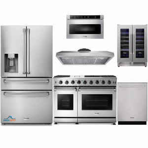 Thor Kitchen 6-Piece Appliance Package - 48-Inch Gas Range, Refrigerator with Water Dispenser, Under Cabinet 11-Inch Tall Hood, Dishwasher, Microwave Drawer, & Wine Cooler in Stainless Steel