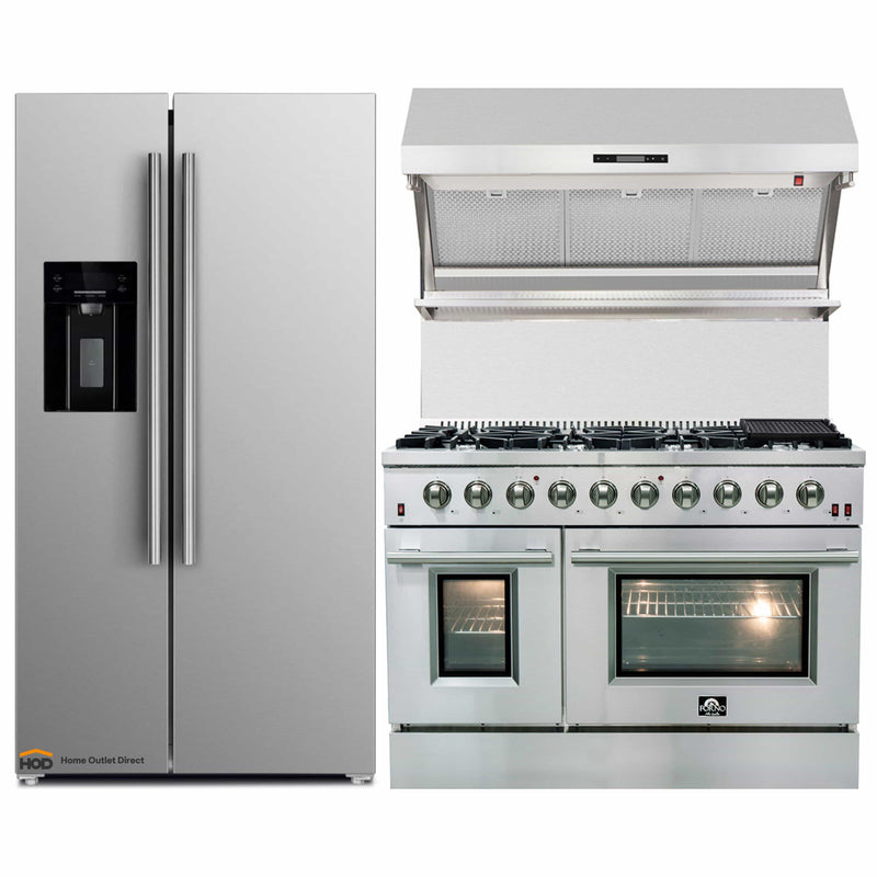 Forno 3-Piece Appliance Package - 48-Inch Gas Range, Refrigerator with Water Dispenser, & Wall Mount Hood with Backsplash in Stainless Steel