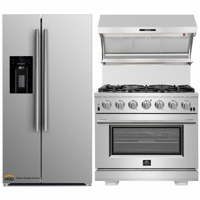 Forno 3-Piece Pro Appliance Package - 36-Inch Gas Range, Refrigerator with Water Dispenser,& Wall Mount Hood with Backsplash in Stainless Steel