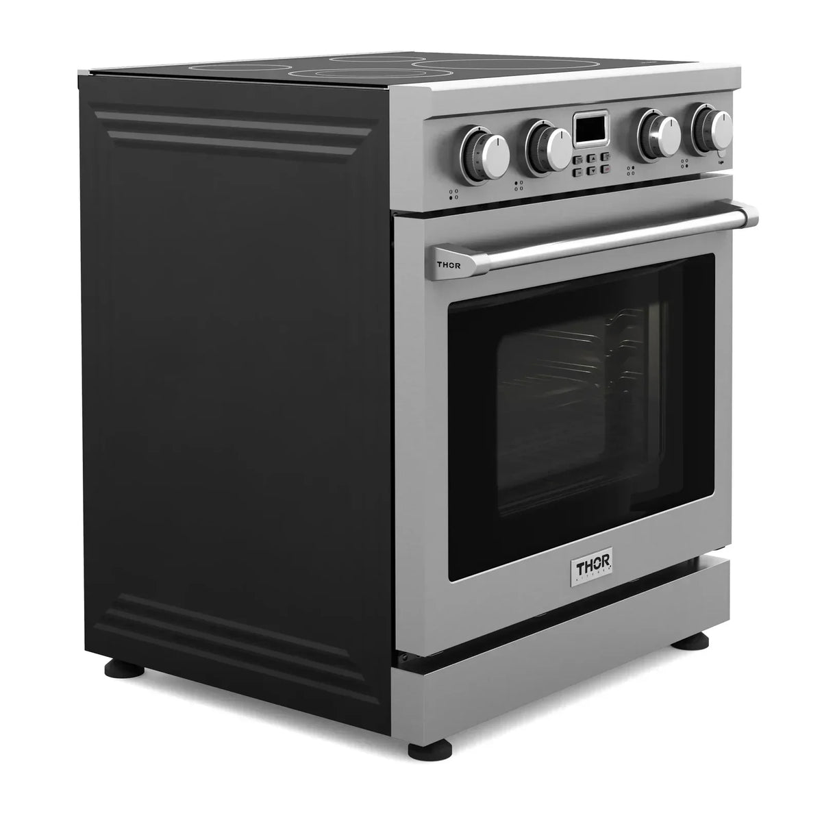 Thor Kitchen 4-Piece Appliance Package - 30-Inch Electric Range, Wall Mount Range Hood, Refrigerator with Water Dispenser, and Dishwasher in Stainless Steel