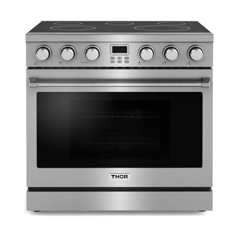 Thor Kitchen 5-Piece Appliance Package - 36-Inch Electric Range, Refrigerator with Water Dispenser, Dishwasher, Microwave, and Wine Cooler in Stainless Steel