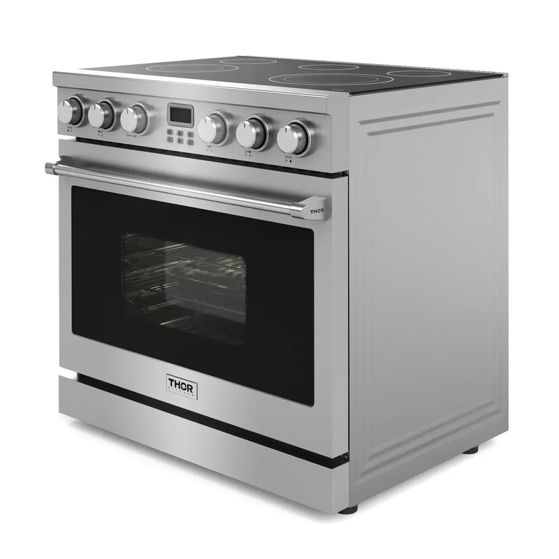 Thor Kitchen 5-Piece Appliance Package - 36-Inch Electric Range, Refrigerator with Water Dispenser, Dishwasher, Microwave, and Wine Cooler in Stainless Steel