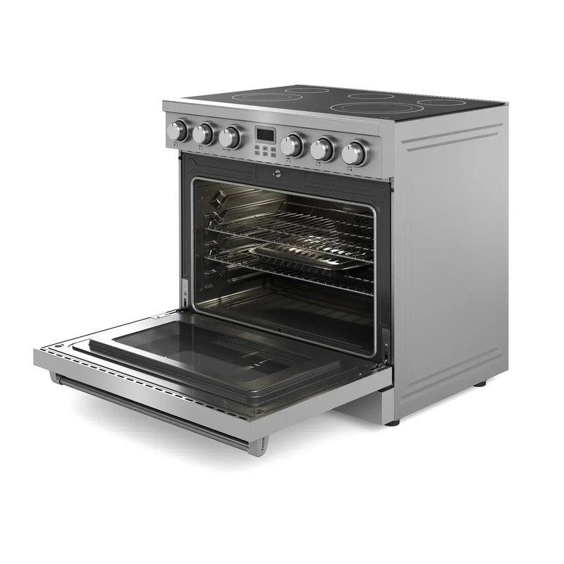 Thor Kitchen 5-Piece Appliance Package - 36-Inch Electric Range, Refrigerator with Water Dispenser, Dishwasher, Microwave, and Wine Cooler in Stainless Steel