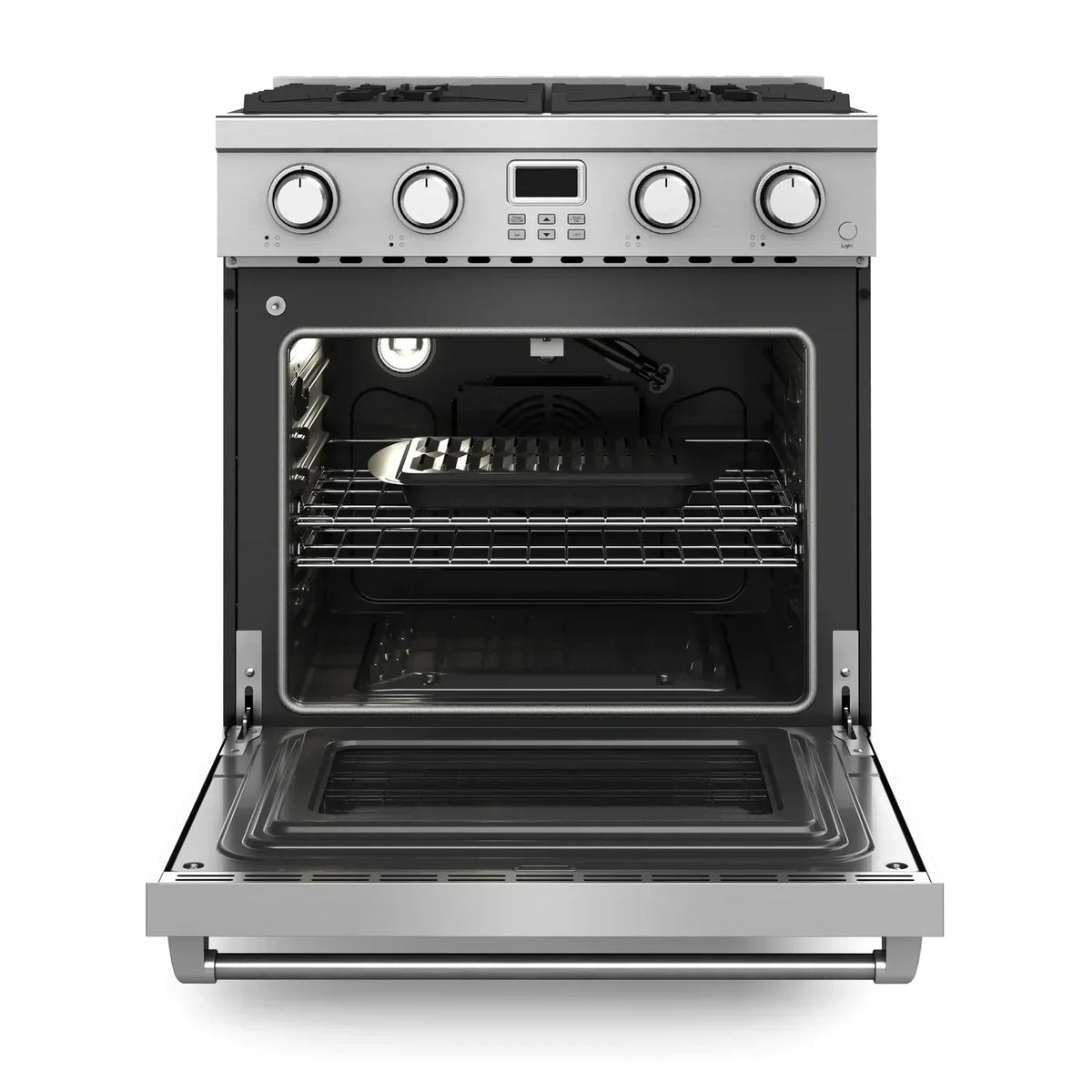 Thor Kitchen 4-Piece Appliance Package - 30-Inch Gas Range, Wall Mounted Range Hood, Refrigerator with Water Dispenser, and Dishwasher in Stainless Steel