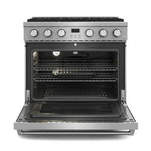 Thor Kitchen 4-Piece Appliance Package - 36-Inch Gas Range, Wall Mount Range Hood, Refrigerator with Water Dispenser, and Dishwasher in Stainless Steel