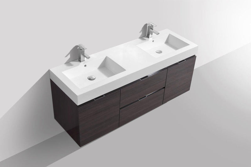 KubeBath Bliss 60 in. Double Sink Wall Mount Modern Bathroom Vanity - High Gloss Gray Oak, BSL60D-HGGO