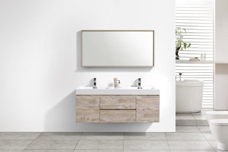 KubeBath Bliss 60 in. Double Sink Wall Mount Modern Bathroom Vanity - Nature Wood, BSL60D-NW
