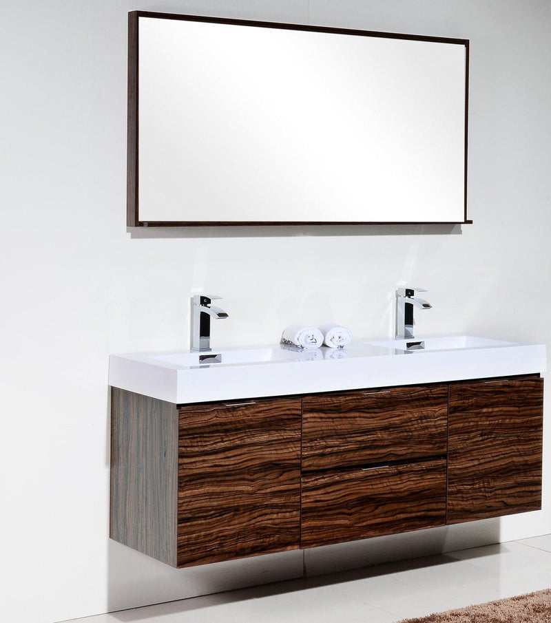 KubeBath Bliss 60 in. Double Sink Wall Mount Modern Bathroom Vanity - Walnut, BSL60D-WNT