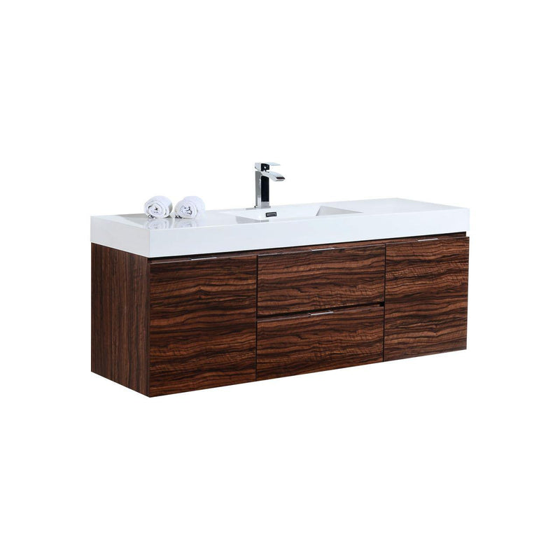 KubeBath Bliss 60 in. Single Sink Wall Mount Modern Bathroom Vanity - Walnut, BSL60S-WNT