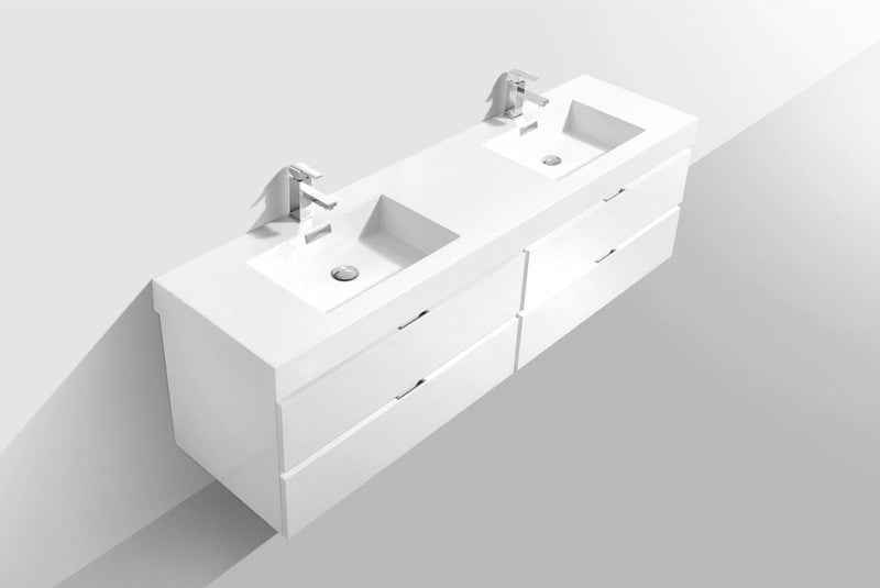 KubeBath Bliss 72 in. Double Sink Wall Mount Modern Bathroom Vanity - High Gloss White, BSL72D-GW