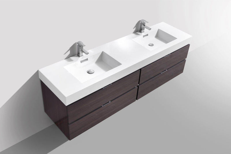 Bliss 72 in. Double Sink Wall Mount Modern Bathroom Vanity - High Gloss Gray Oak