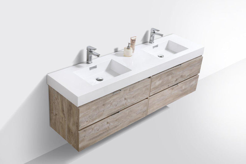 Bliss 72 in. Double Sink Wall Mount Modern Bathroom Vanity - Nature Wood