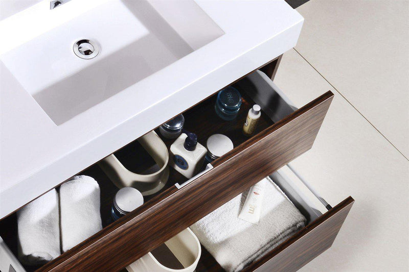 Bliss 72 in. Double Sink Wall Mount Modern Bathroom Vanity - Walnut