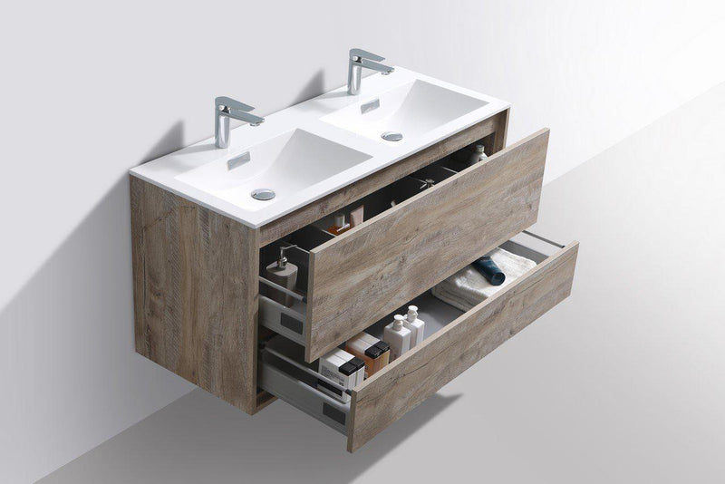 KubeBath DeLusso 48 in. Double Sink Wall Mount Modern Bathroom Vanity - Nature Wood, DL48D-NW