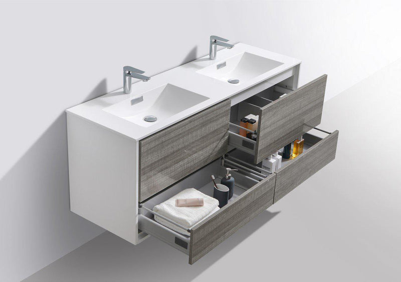 KubeBath De Lusso 60 in. Double Sink Wall Mount Modern Bathroom Vanity - Ash Gray, DL60D-HGASH