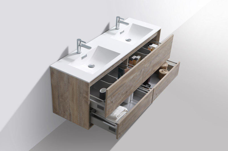 KubeBath DeLusso 60 in. Double Sink Wall Mount Modern Bathroom Vanity - Nature Wood, DL60D-NW