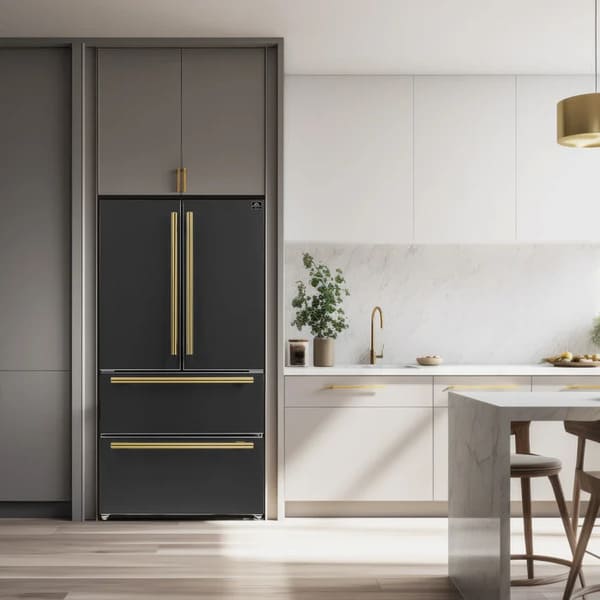 FORNO 2-Piece Appliance Package - 30-Inch Slide-In Induction Range and 36-Inch French Door Refrigerator in Black with Antique Brass Handle FBDL-014-13CAUS