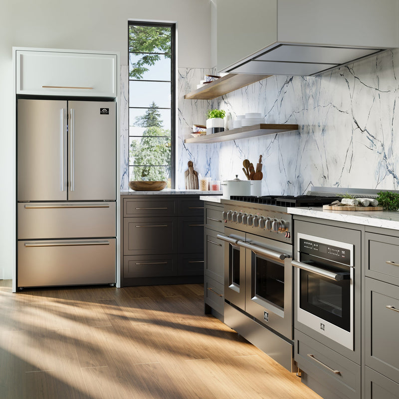 Forno Appliance Package - 48" Gas Range, Wall Mount Range Hood and 60" Refrigerator with Modern Grill Trim, FBDL-018-04CAUS