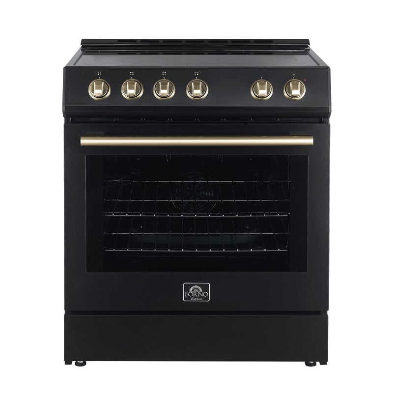 Forno Espresso Package - 30" Electric Range, Range Hood, and Refrigerator in Stainless, White, or Black