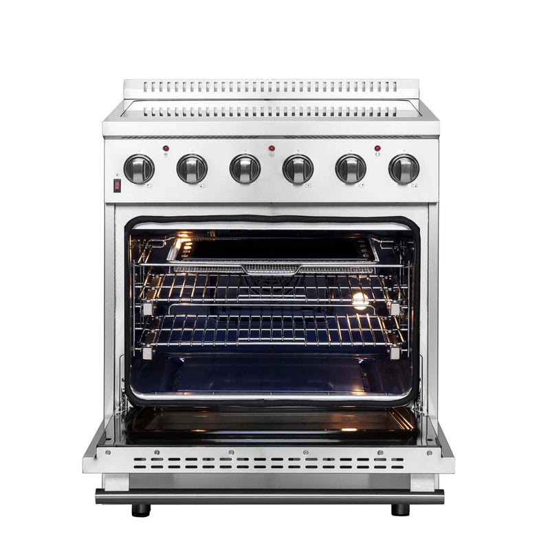 Forno 4-Piece Appliance Package - 30-Inch Electric Range, Wall Mount Range Hood, Pro-Style Refrigerator, and Dishwasher in Stainless Steel