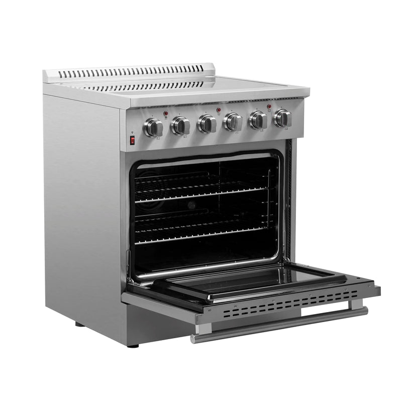 Forno 5-Piece Appliance Package - 30-Inch Electric Range, Wall Mount Range Hood with Backsplash, Pro-Style Refrigerator, Dishwasher, and Microwave Drawer in Stainless Steel