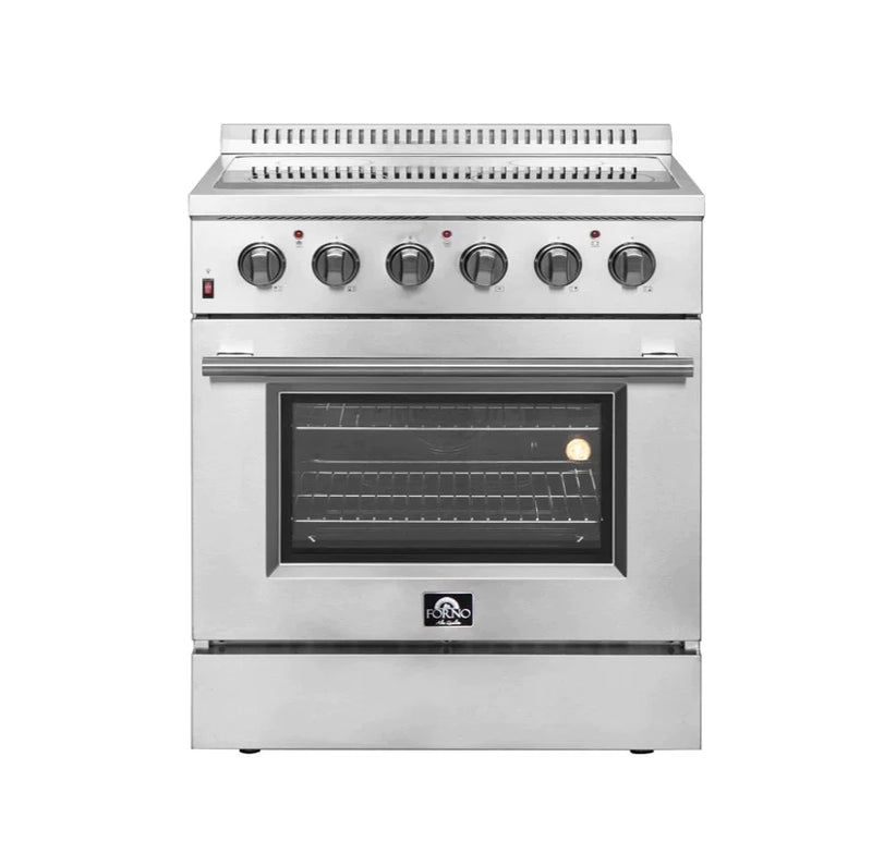 Forno 4-Piece Appliance Package - 30-Inch Electric Range, Wall Mount Range Hood with Backsplash, Pro-Style Refrigerator, and Dishwasher in Stainless Steel