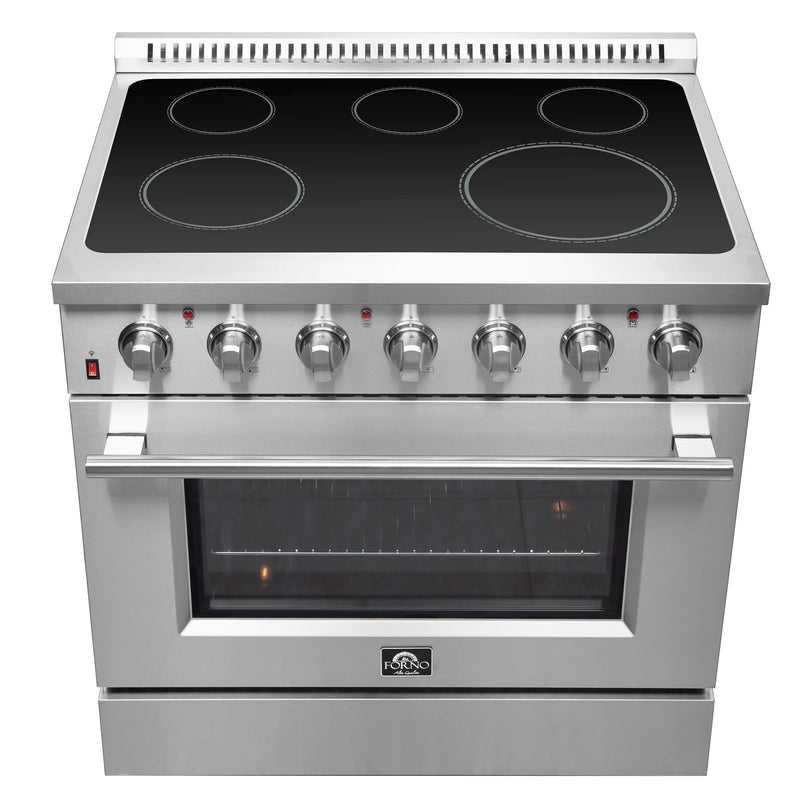 Forno 5-Piece Appliance Package - 36-Inch Electric Range, Wall Mount Range Hood, Pro-Style Refrigerator, Dishwasher, and Microwave Oven in Stainless Steel