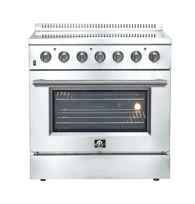 Forno 4-Piece Appliance Package - 36-Inch Electric Range, Wall Mount Range Hood, French Door Refrigerator, and Dishwasher in Stainless Steel