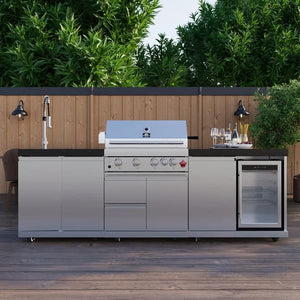 FORNO Bulnes Outdoor Kitchen 30-Inch BBQ 60,000 BTU, with Sear, Rotisserie Infrared Burners, 1.8 Cu.Ft. Beverage Center, & Black/White Countertops