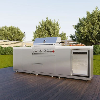FORNO Bulnes Outdoor Kitchen 30-Inch BBQ 60,000 BTU, with Sear, Rotisserie Infrared Burners, 1.8 Cu.Ft. Beverage Center, & Black/White Countertops