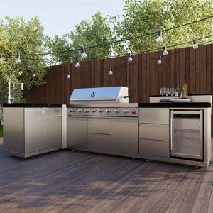 FORNO Bulnes Outdoor Kitchen 40-Inch BBQ 95,000 BTU, with 5 Burners, Sear & Rotisserie Infrared Side Burner, 1.8 cu.ft. Beverage Center & Black/White Countertops
