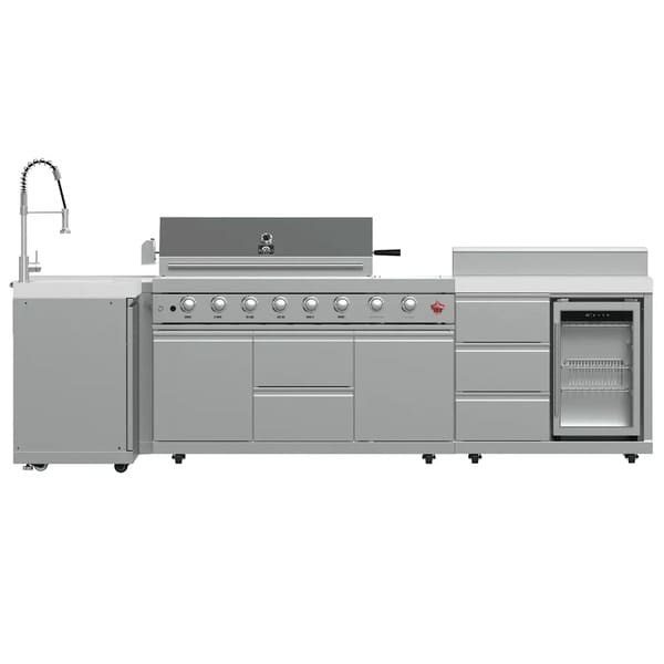 FORNO Bulnes Outdoor Kitchen 40-Inch BBQ 95,000 BTU, with 5 Burners, Sear & Rotisserie Infrared Side Burner, 1.8 cu.ft. Beverage Center & Black/White Countertops
