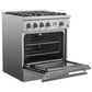 Left-angled view of the FORNO 30-inch gas range with the oven door open, highlighting the interior oven space, racks, and durable stainless steel exterior.