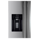 Close-up of the water and ice dispenser on the FORNO 36-inch refrigerator in stainless steel, featuring a sleek design with easy-to-use controls and LED indicators.