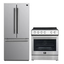 Forno 2-piece appliance package featuring a 30-inch electric range and a 30-inch French door refrigerator in stainless steel, offering a sleek, modern design with matching finishes for a coordinated kitchen look.