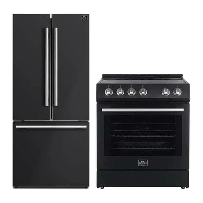 Front view of the FORNO 2-Piece Appliance Package featuring a 30-inch electric range with a smooth glass cooktop and a spacious stainless steel oven, paired with a 30-inch French door refrigerator with bottom freezer—delivering a cohesive, modern kitchen design with efficient performance.