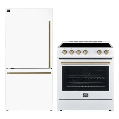 Forno 2-piece appliance package featuring a 30-inch electric range and a 31-inch left-hinge refrigerator in matching white finishes, showcasing a cohesive, modern design ideal for compact and stylish kitchen spaces.
