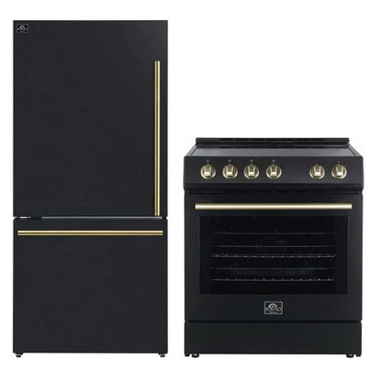 Forno 2-piece appliance package featuring a 30-inch electric range and a 31-inch refrigerator, both in a matching modern finish with sleek handles, displayed side by side for a coordinated kitchen setup.