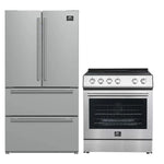 FORNO 2-piece appliance package featuring a 30-inch stainless steel electric range and a 36-inch French door refrigerator, both with a sleek modern finish and matching handles for a cohesive kitchen design.