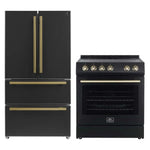 Forno 2-piece appliance package featuring a 30-inch electric range and a 36-inch French door refrigerator in matching black finish with antique brass handles, displayed side by side in a modern kitchen setting.