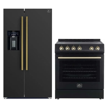 FORNO 2-piece kitchen appliance package featuring a 30-inch electric range with oven and a 36-inch side-by-side refrigerator in a sleek, modern finish.