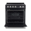 Front view of the FORNO 30-inch electric range with the oven door open, revealing a spacious interior with multiple rack positions and a large oven cavity for versatile cooking.
