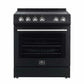 Front view of the FORNO 30-inch electric range, featuring a sleek cooktop surface, control knobs, and a large-capacity oven with a viewing window and bold handle design.