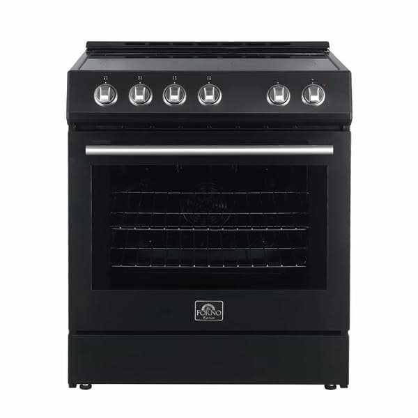 Front view of the FORNO 30-inch electric range in black from the 2-Piece Appliance Package, featuring a sleek matte black finish, smooth glass cooktop with radiant heating elements, large oven window, and stainless steel control knobs for a modern, professional look.