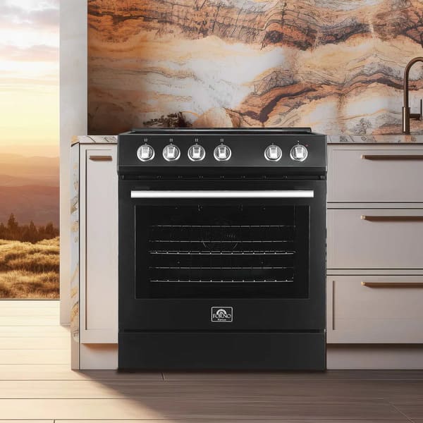 Lifestyle image of the FORNO 30-inch electric range in black from the 2-Piece Appliance Package, showcased in a modern kitchen setting with a sleek matte finish, smooth ceramic glass cooktop, and large oven window—blending bold design with everyday cooking performance.