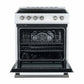 Front view of the Forno 30-inch electric range in white with the oven door open, revealing a spacious interior with multiple wire racks and a black enamel finish, designed for versatile cooking needs.